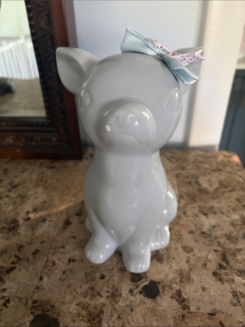 Glossy Ceramic Pig Figurine with Pastel Bow. Piggy bank